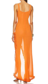 Transparentes Maxikleid mit Rüschen in Orange